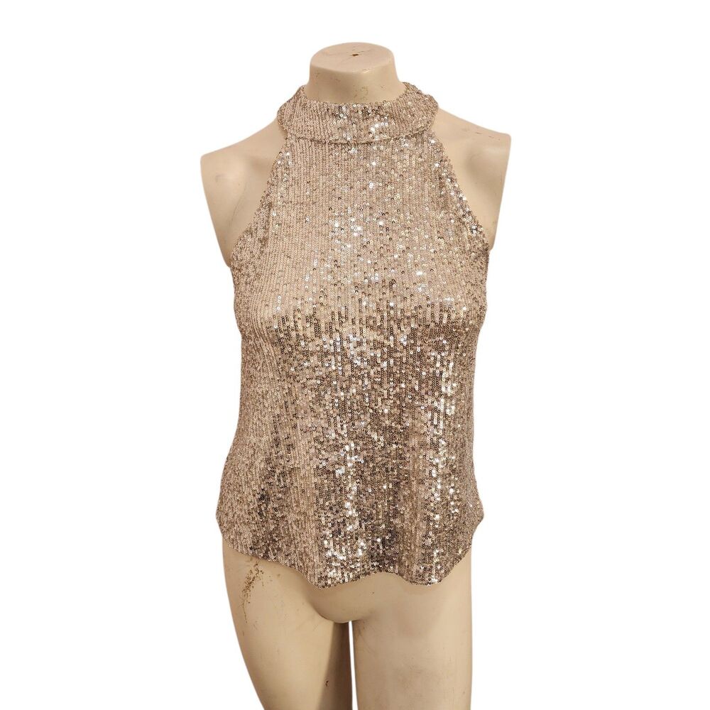 Love On A Hanger Sequin Halter Top Champagne Gold Party Small S